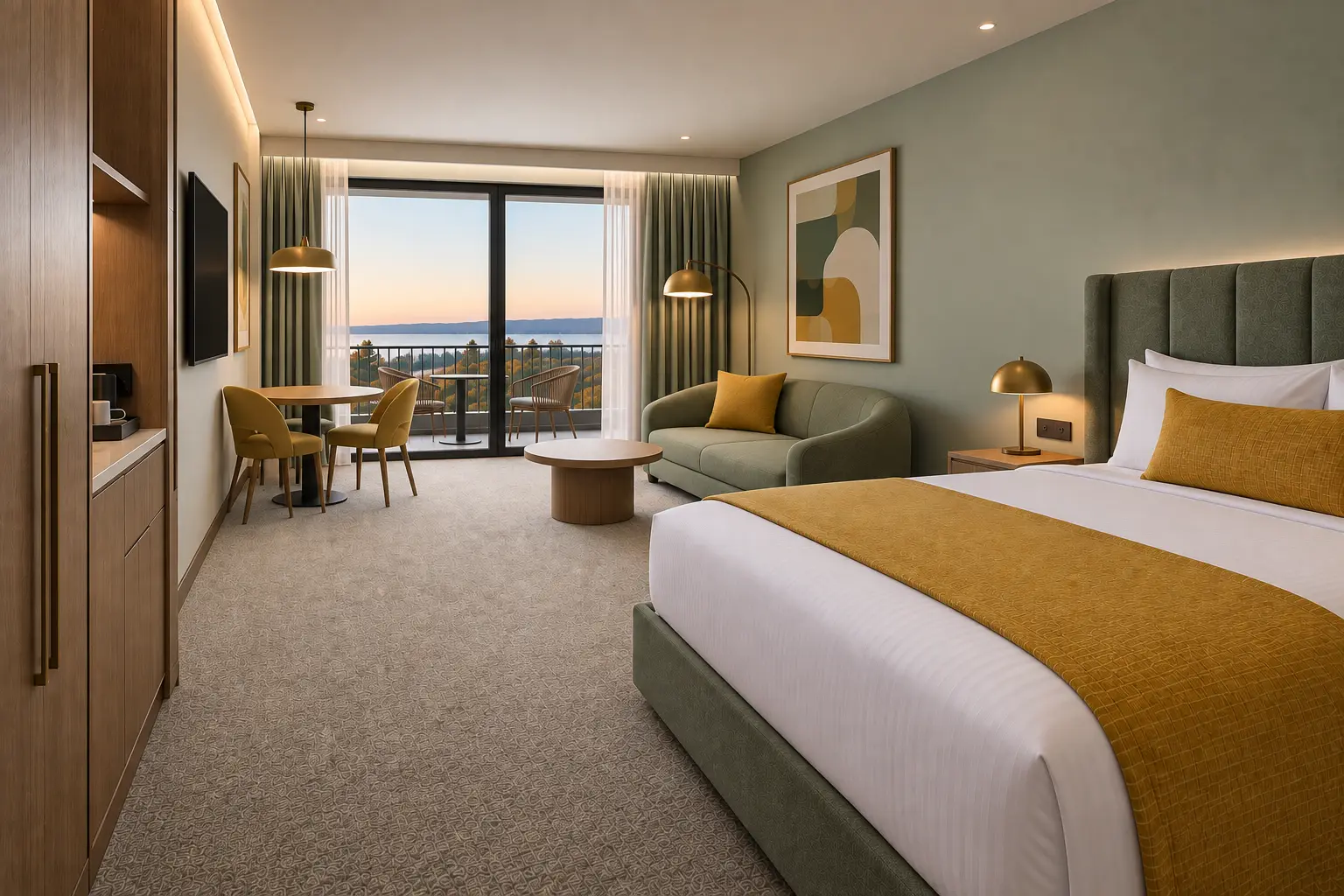 Guest room with a lounge, dining setting and balcony beyond