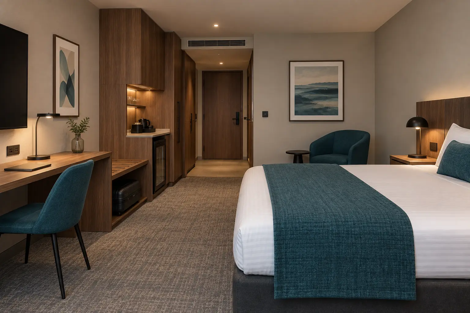 Finished hotel guest room with a work desk and mini bar