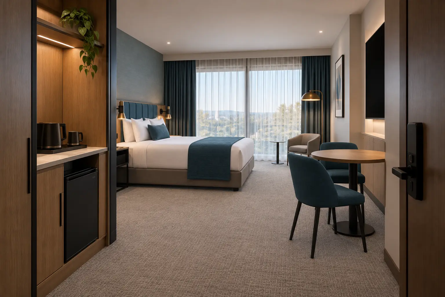 Completed guest room seen from the entry, styled and ready to trade