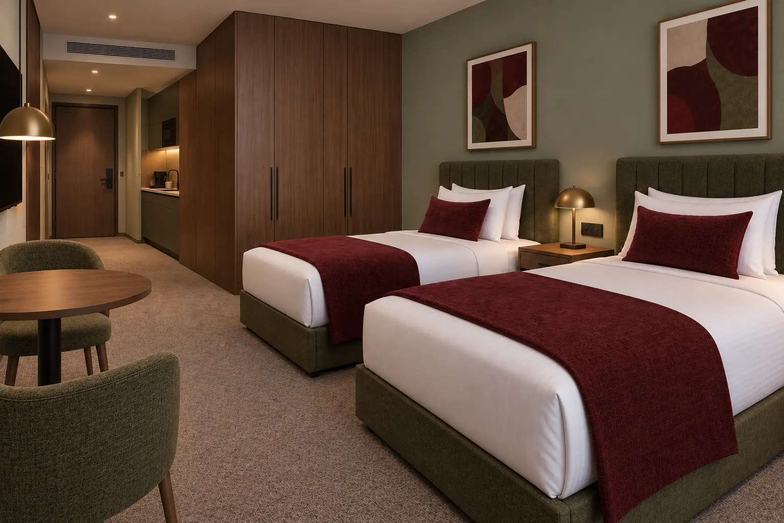 Twin-bed apartment room with a kitchenette and dining setting